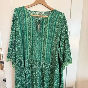 Rusttydustty Women’s 4XL Green Paisley Boho Dress Tassel Sleeve NWT